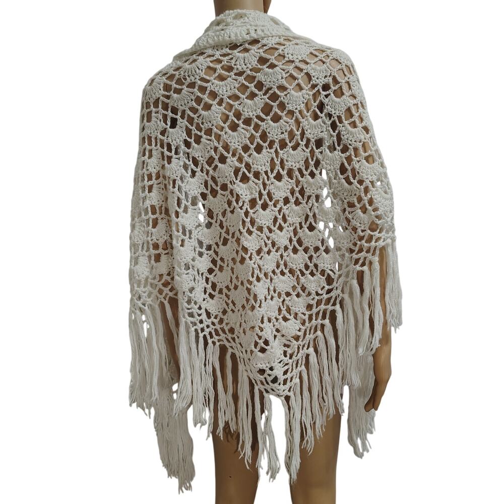 70s Cream Crochet Shawl Festival Boho Coquette Vintage Hippie Gypsy Western OS